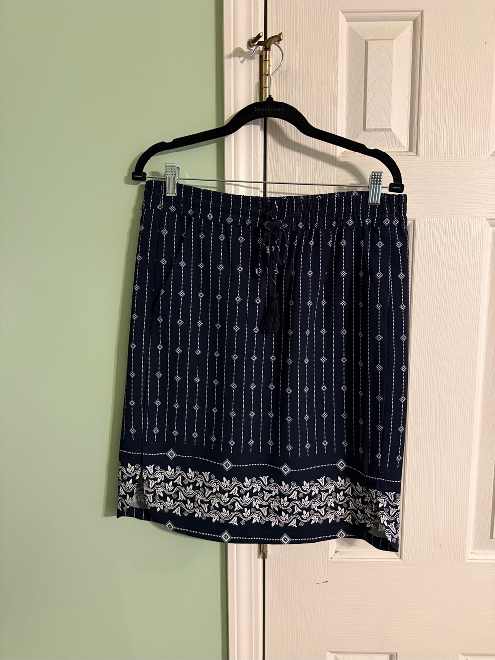 LOFT Navy and White Printed Drawstring Mini Skirt